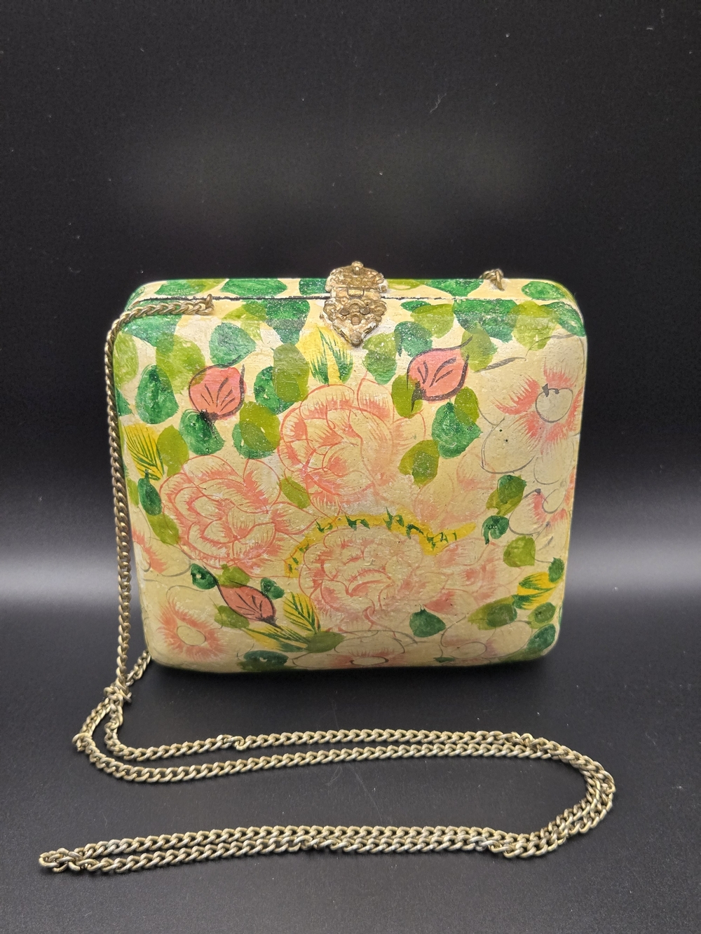 Vntg Floral Paper Mache Lacquer Square Wooden Shoulder/Crossbody 5x5